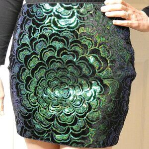 Mini Pencil Skirt Black Green Size XS Sequins Flower H&M Party Unique Vintage